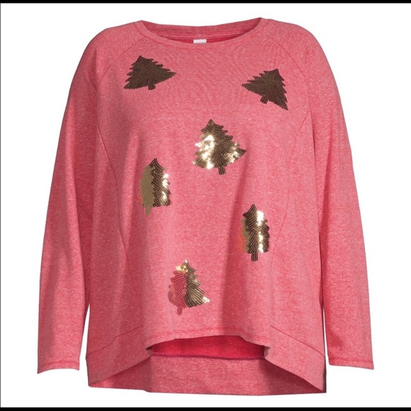 Women’s Plus Size Light Red Gold Sequin Trees Long Sleeve Holiday Sweater New - Picture 4 of 6